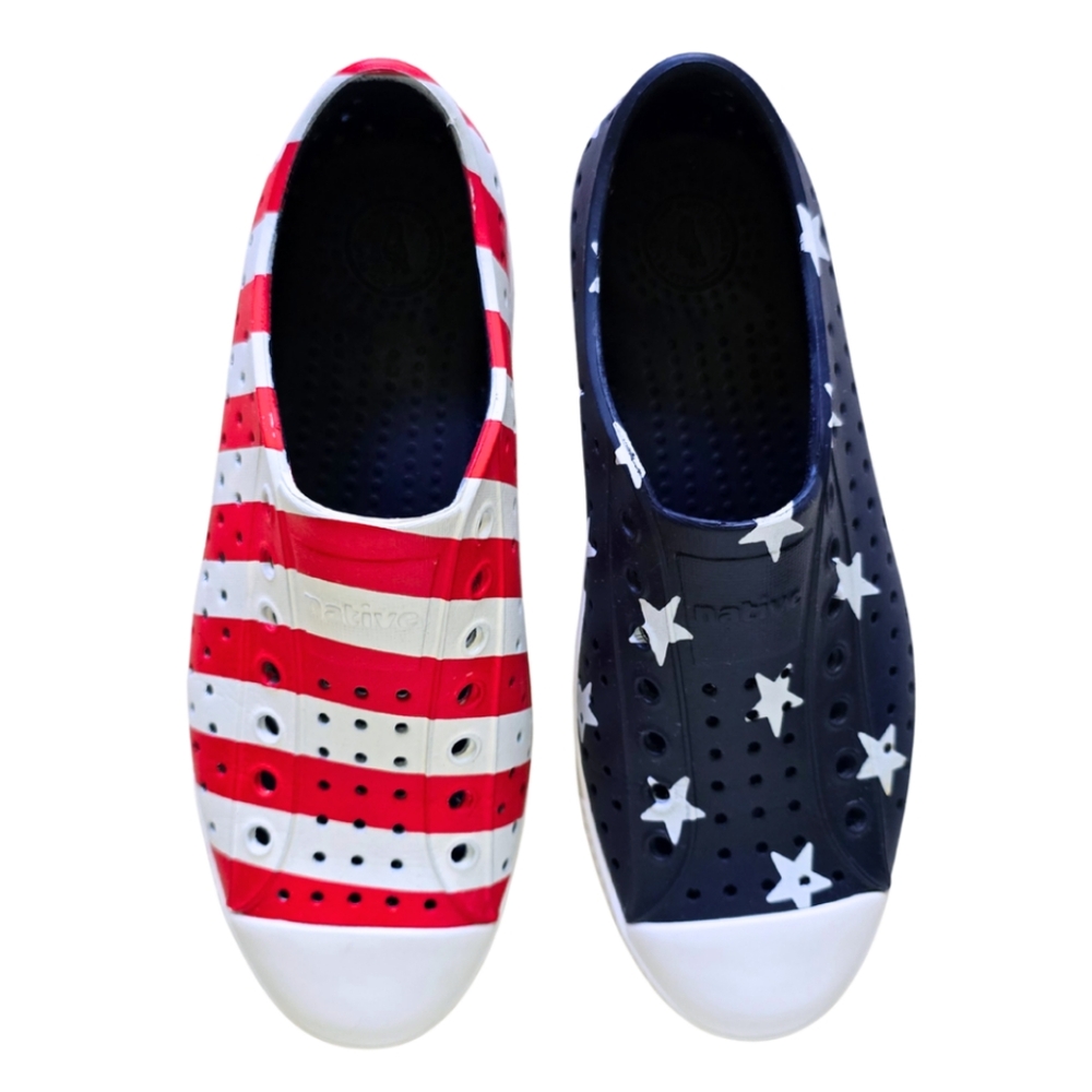 Native Jefferson Slip-On Shoes - Red, White & Navy Star and Stripe Print